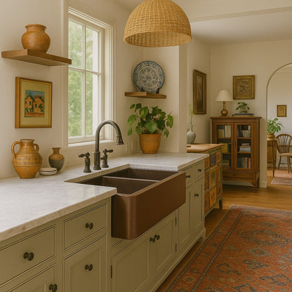 36-inch custom made apron front double bowl copper kitchen sink