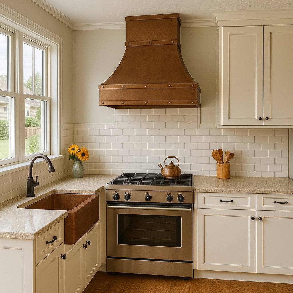 36-inch transitional rustic smooth copper range hood with straps