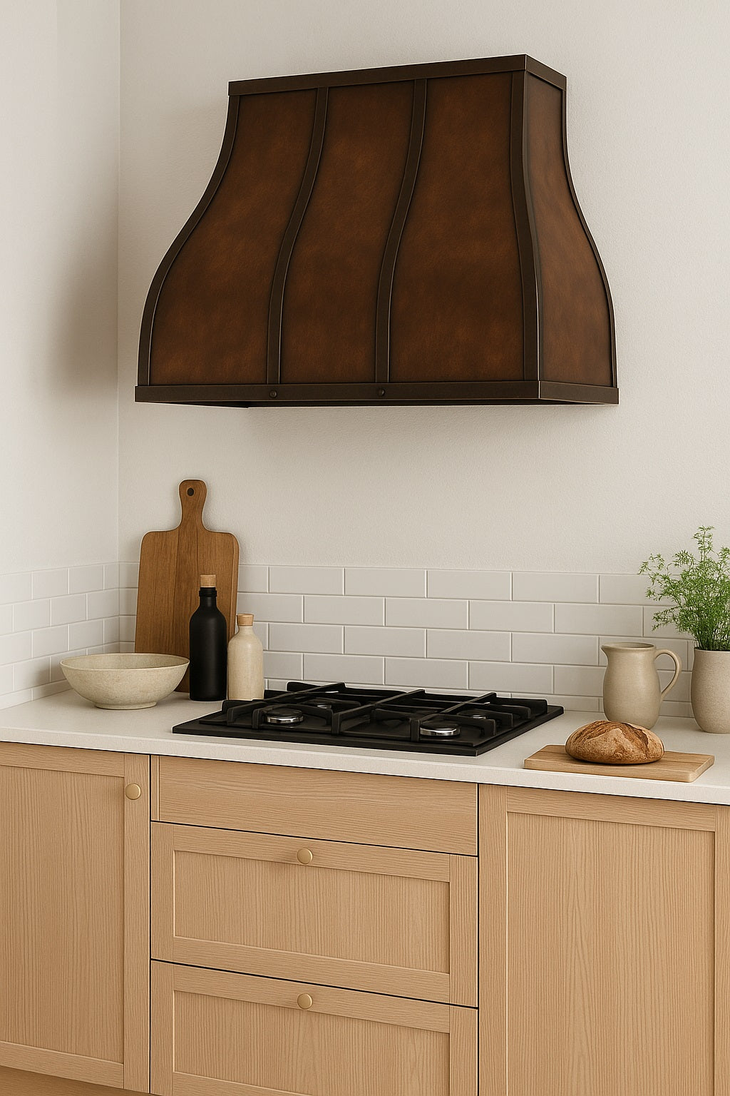 42-inch aged patina copper range hood with riveted apron bands