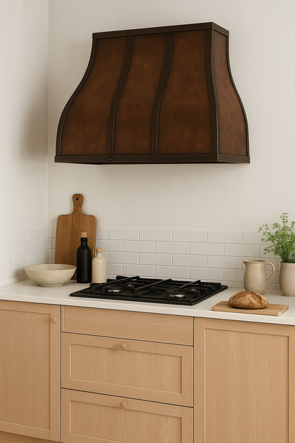 42-inch aged patina copper range hood with riveted apron bands