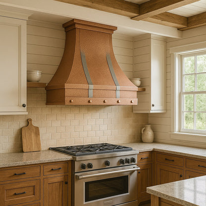 42-inch hammered copper range hood with metal straps
