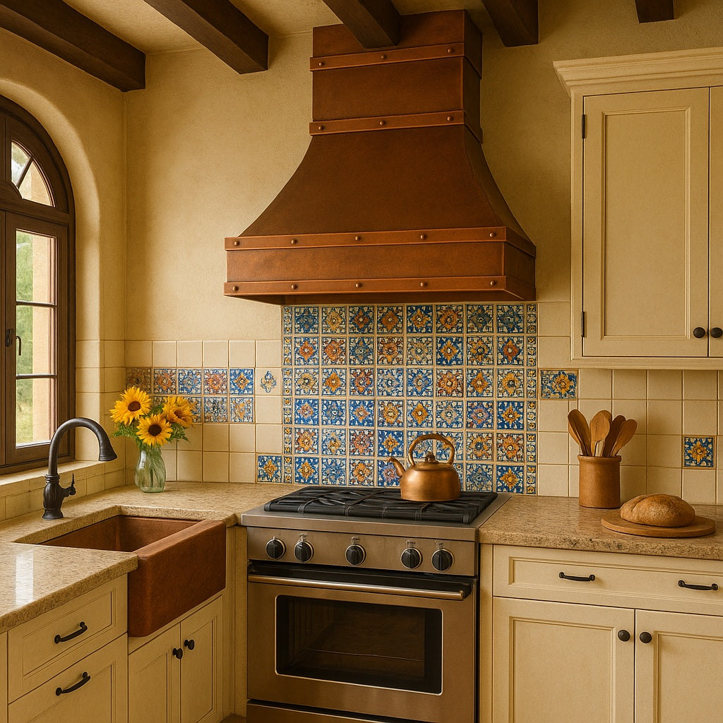 42-inch transitional rustic smooth copper range hood with straps