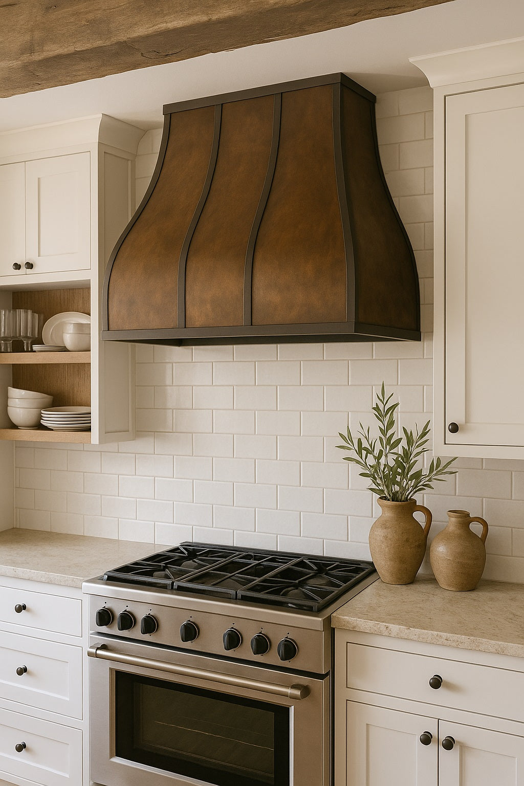 48-inch curved copper range hood with dark trim accents