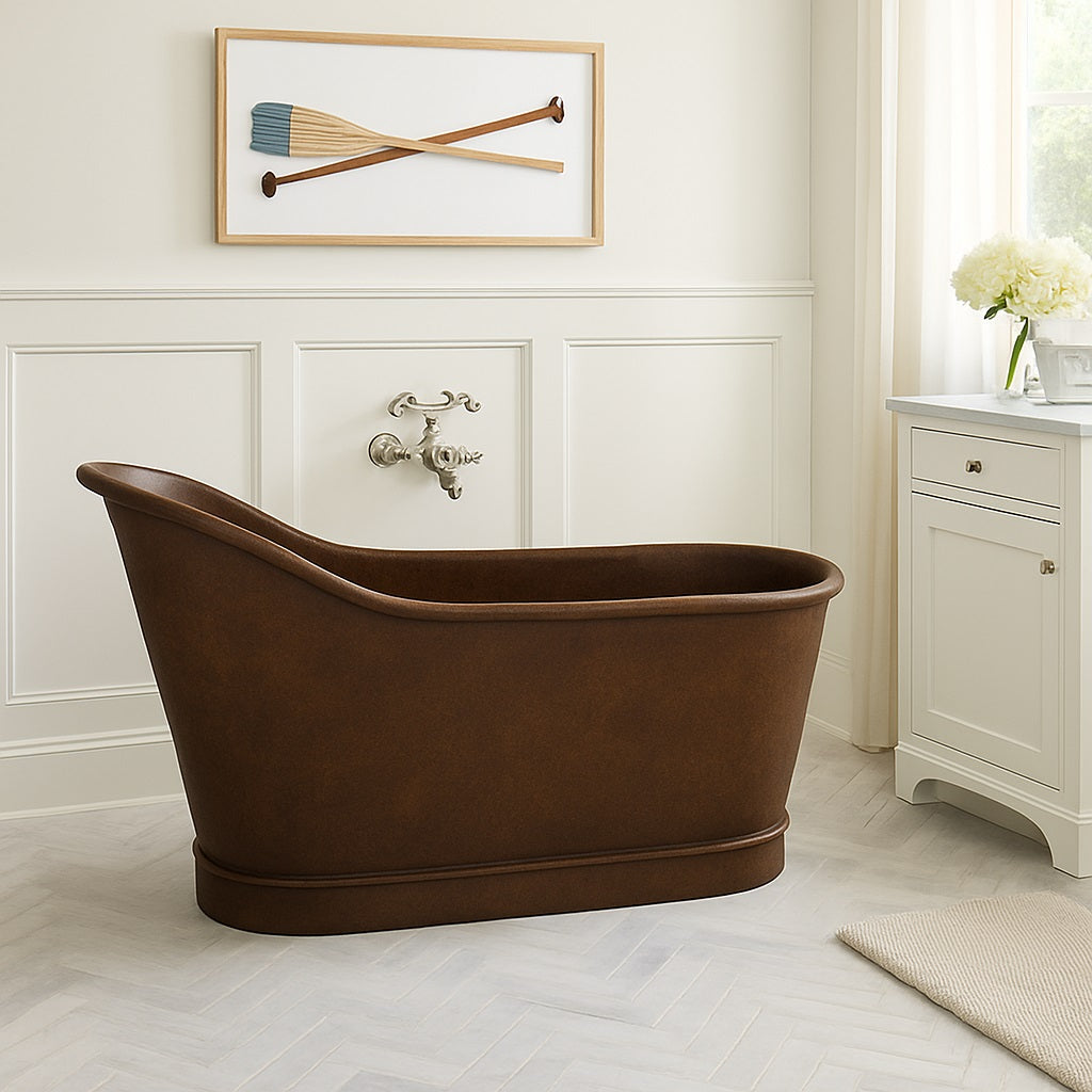 54-inch single slipper copper bathtub with antique patina finish