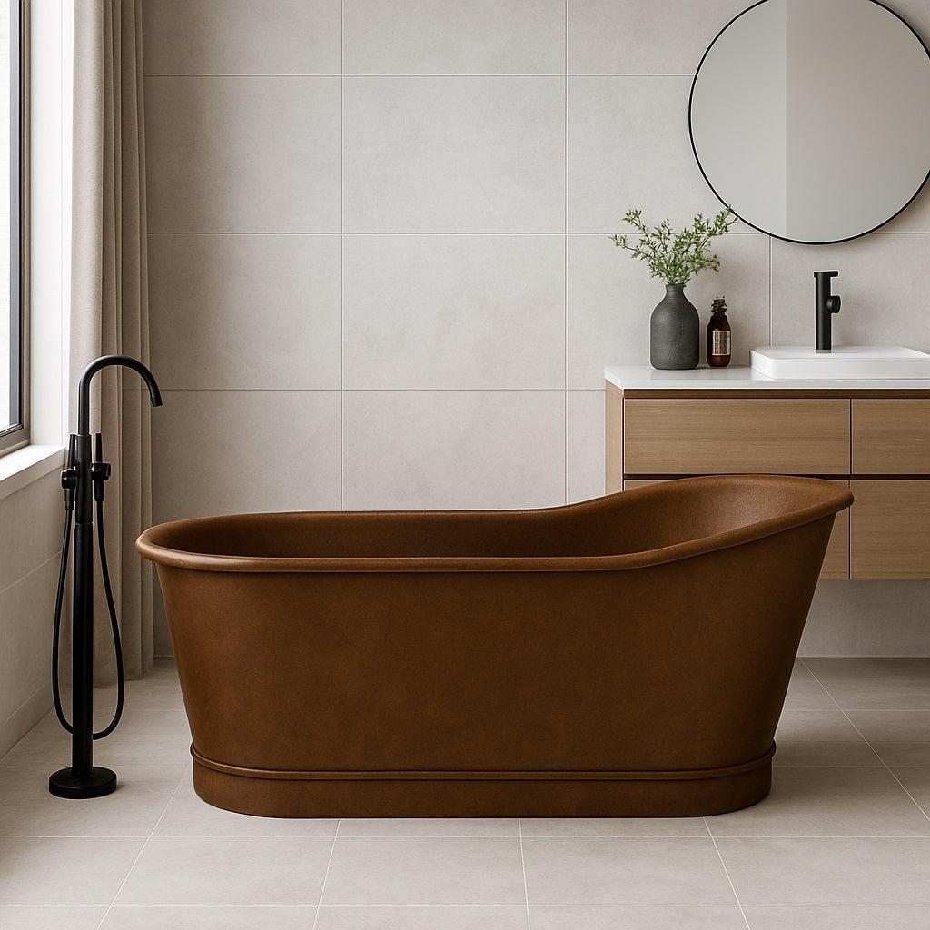 60-inch single slipper copper bathtub with antique patina finish