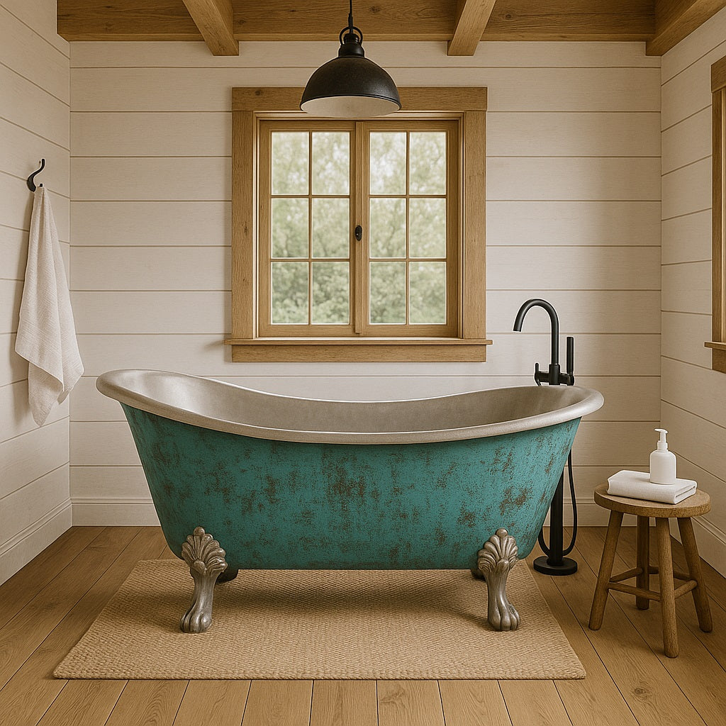 60-inch turquoise patina clawfoot copper bathtub with tin interior