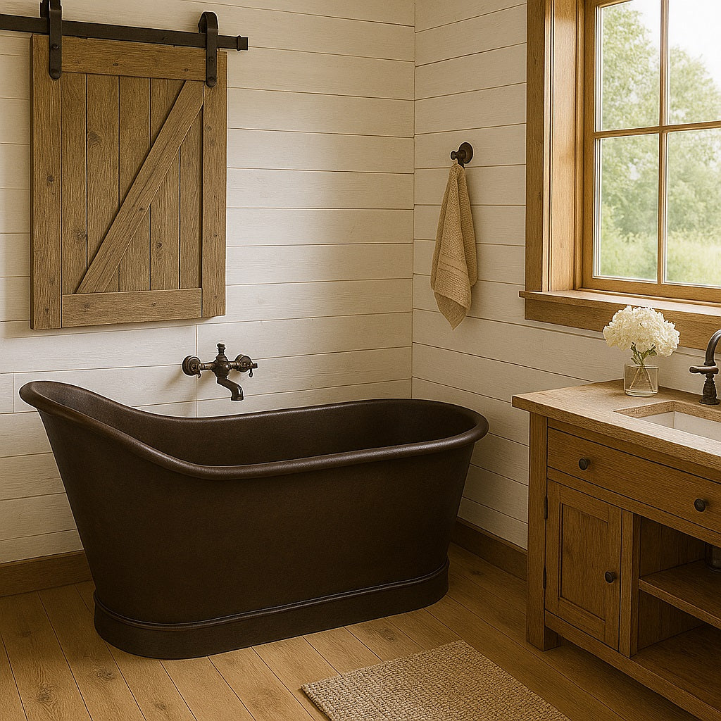 67-inch single slipper copper bathtub with antique patina finish