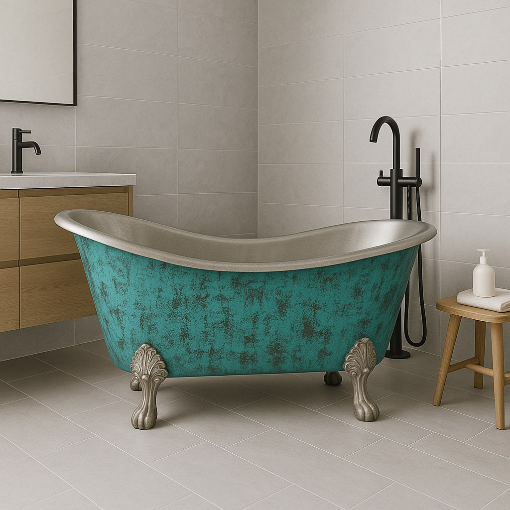 67-inch turquoise patina clawfoot copper bathtub with tin interior