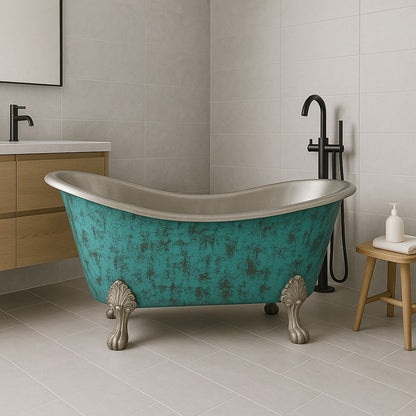 67-inch turquoise patina clawfoot copper bathtub with tin interior