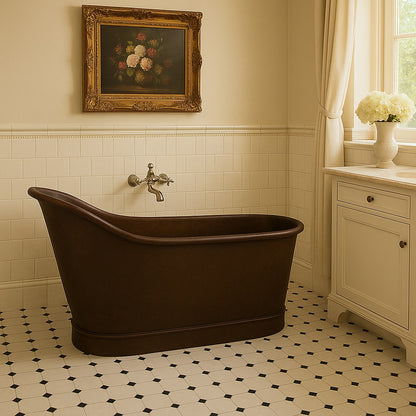 72-inch single slipper copper bathtub with antique patina finish