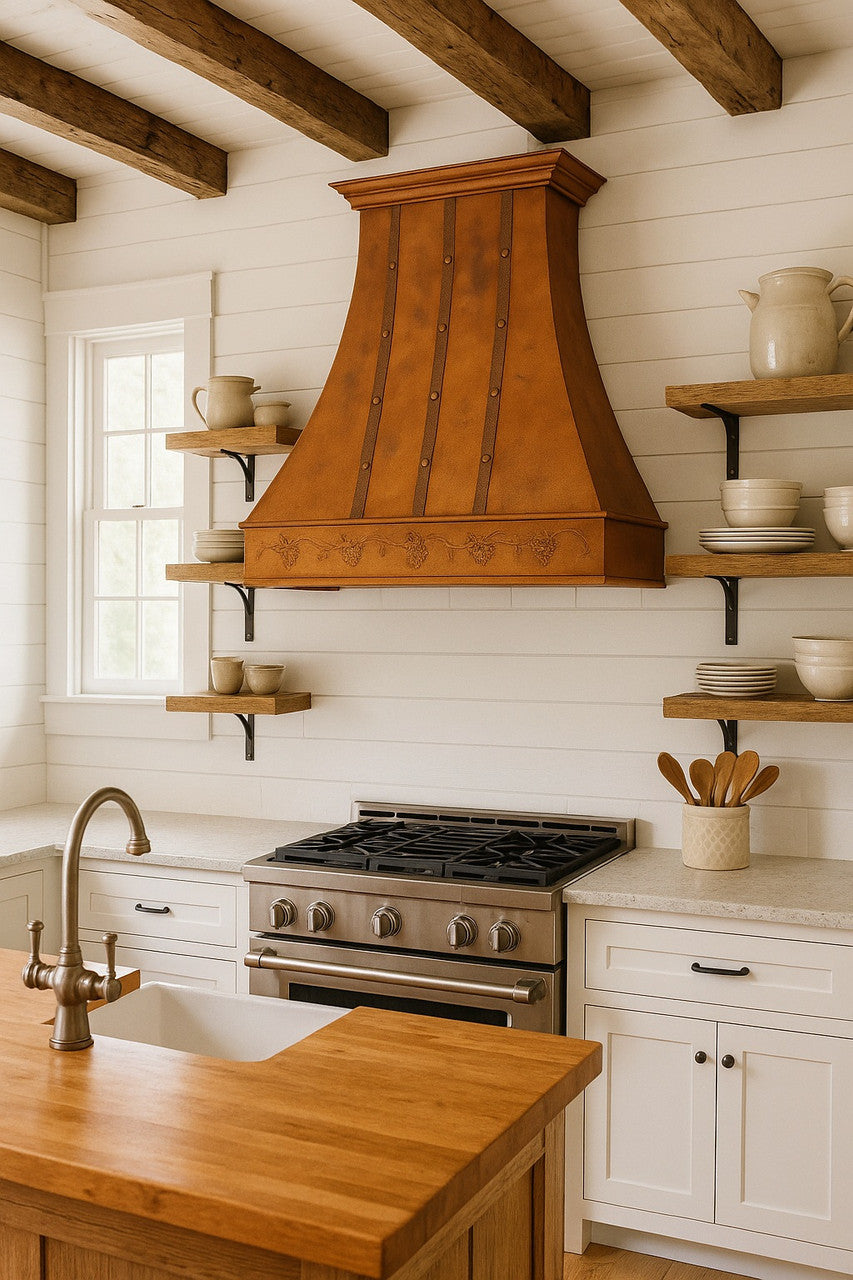 Made-to-order farmhouse copper kitchen hood with grapevine in a rustic style kitchen