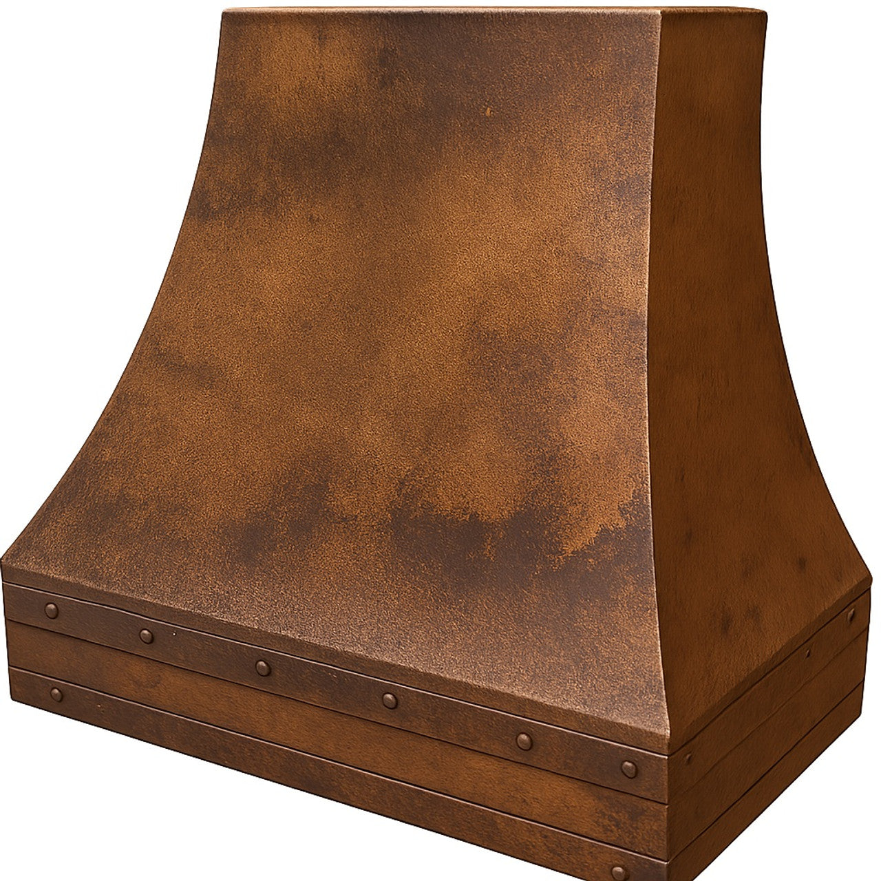 Aged patina copper range hood with riveted apron bands, angled view