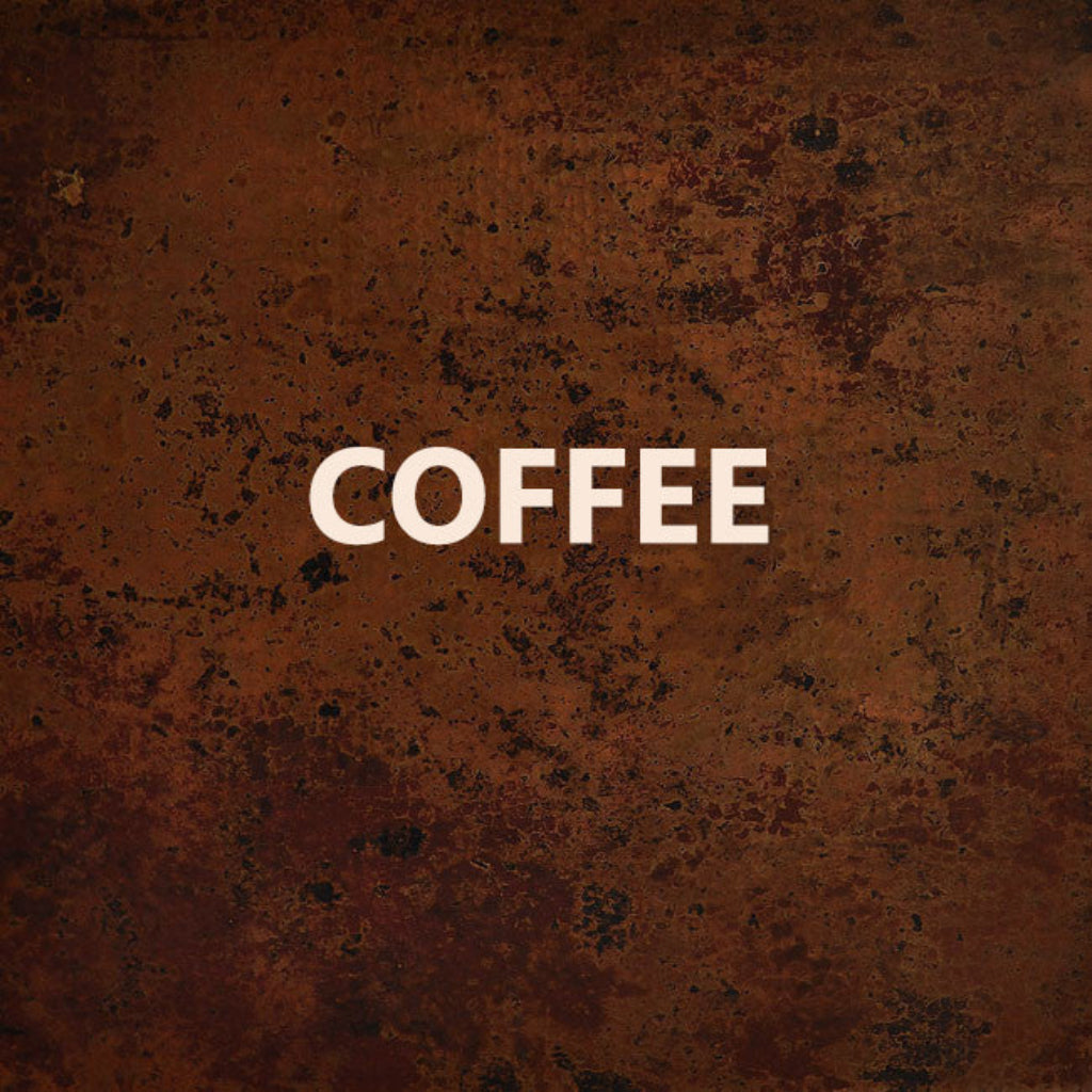 Aged patina copper range hood with riveted apron bands, coffee patina finish option