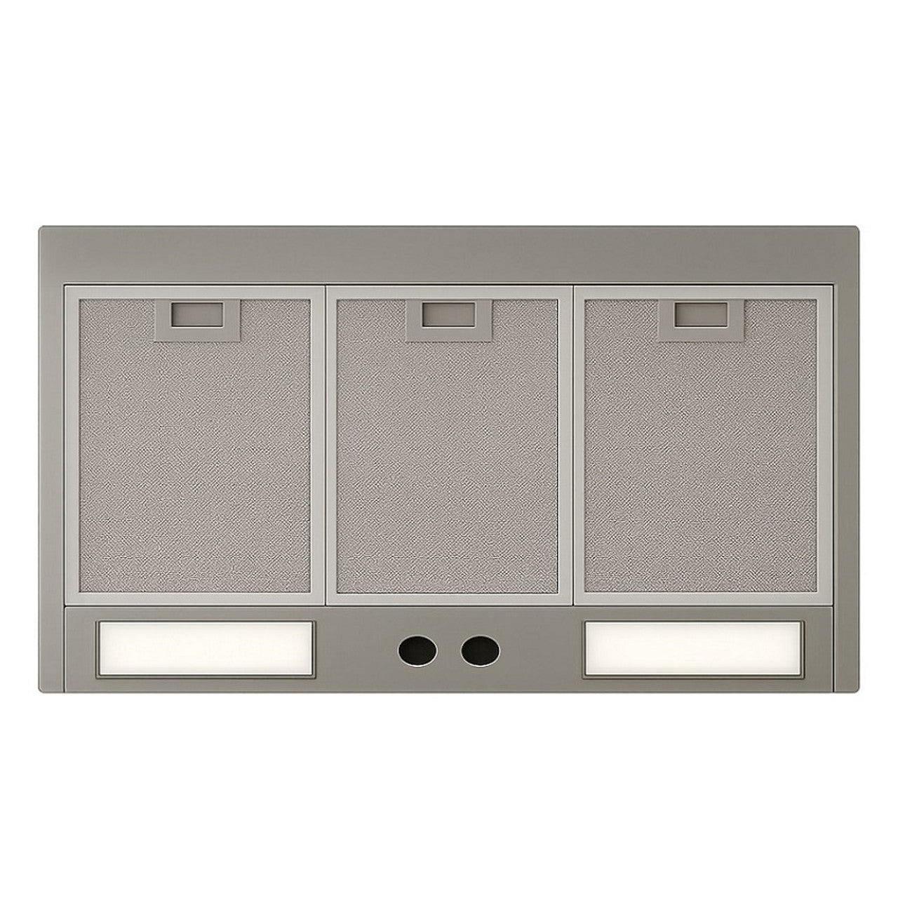 Aged patina copper range hood with riveted apron bands insert view