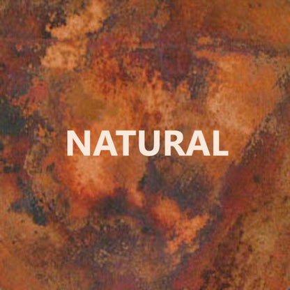 Aged patina copper range hood with riveted apron bands, natural finish patina option