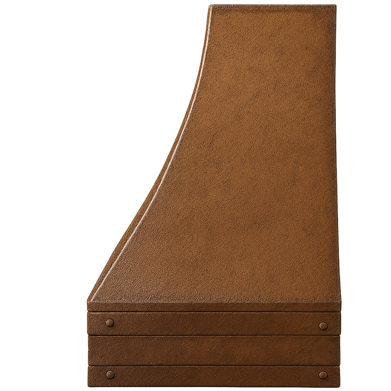 Aged patina copper range hood with riveted apron bands, side view