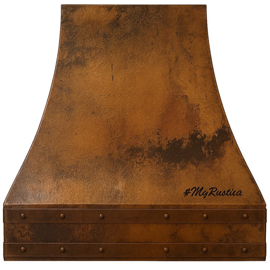 Aged patina copper range hood with riveted apron bands