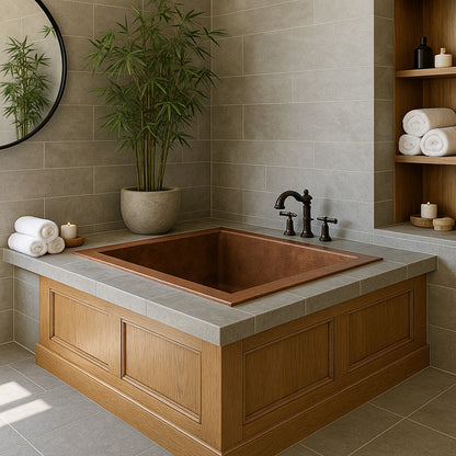 Alcove drop-in copper bathtub in a upscaled bathroom