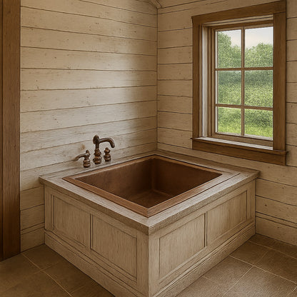Alcove drop-in copper bathtub in a rustic farmhouse bathroom setting
