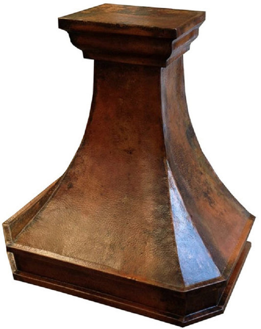 Antique flared copper range hood with a stepped crown design side view
