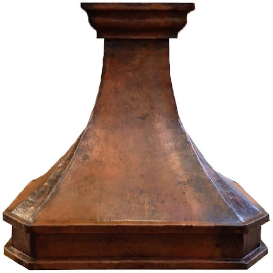 Antique flared copper range hood with a stepped crown design
