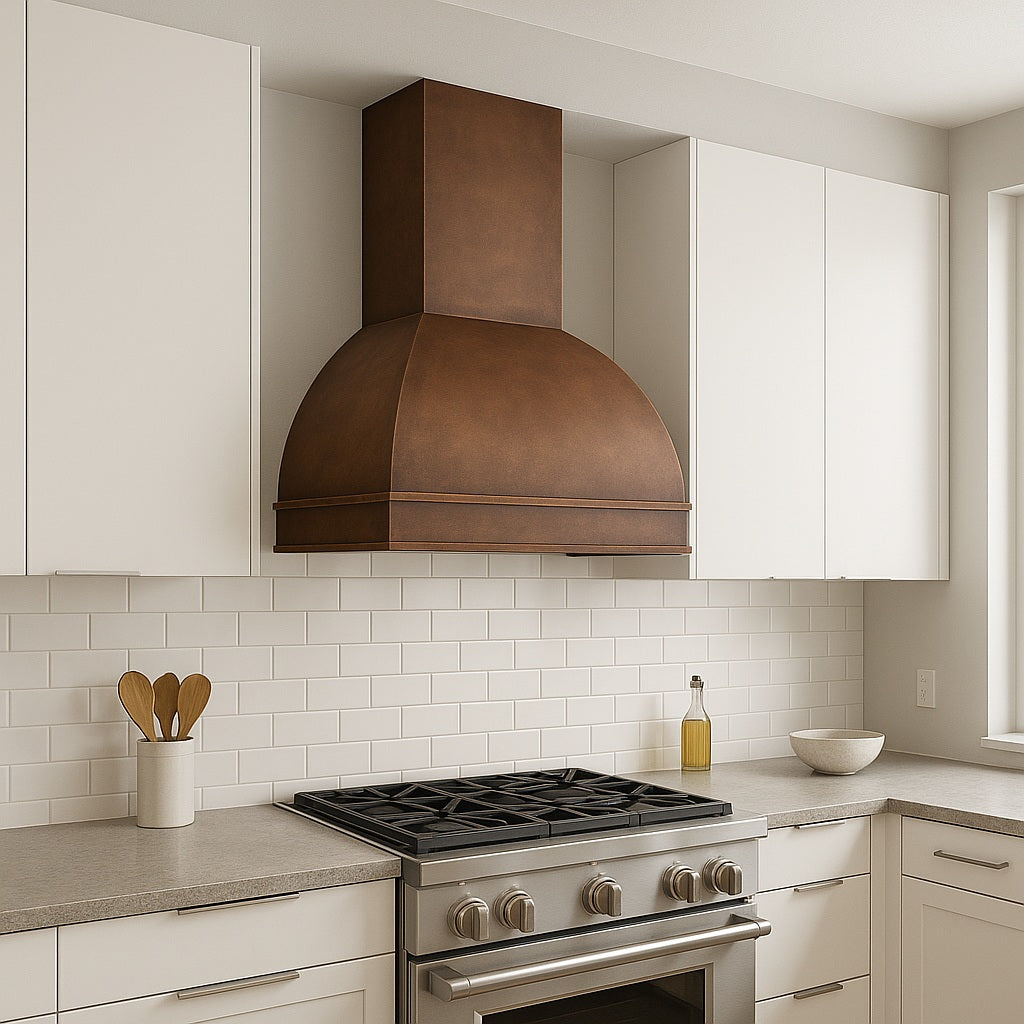 30-inch arched dome copper range hood with a rectangular chimney design
