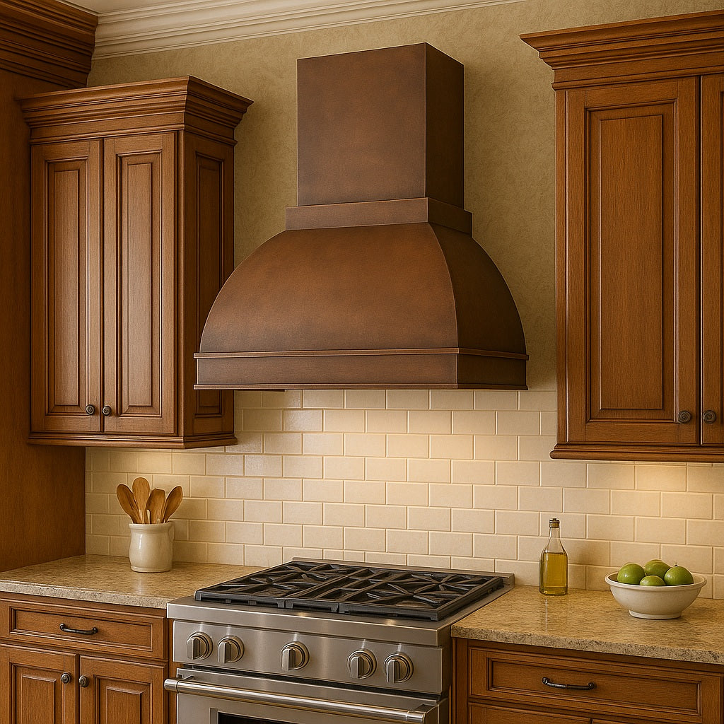 36-inch arched dome copper range hood with a rectangular chimney design