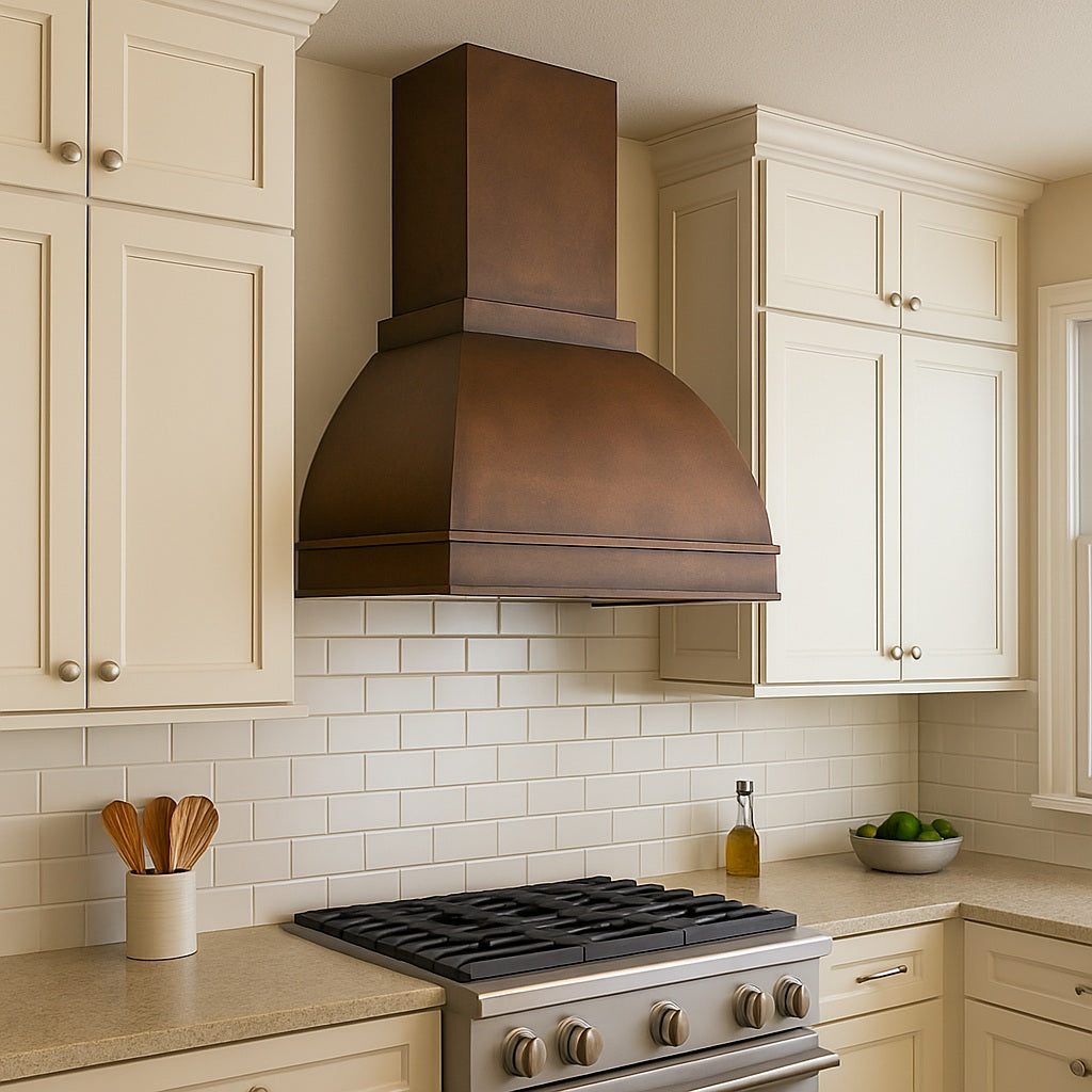 40-inch arched dome copper range hood with a rectangular chimney design