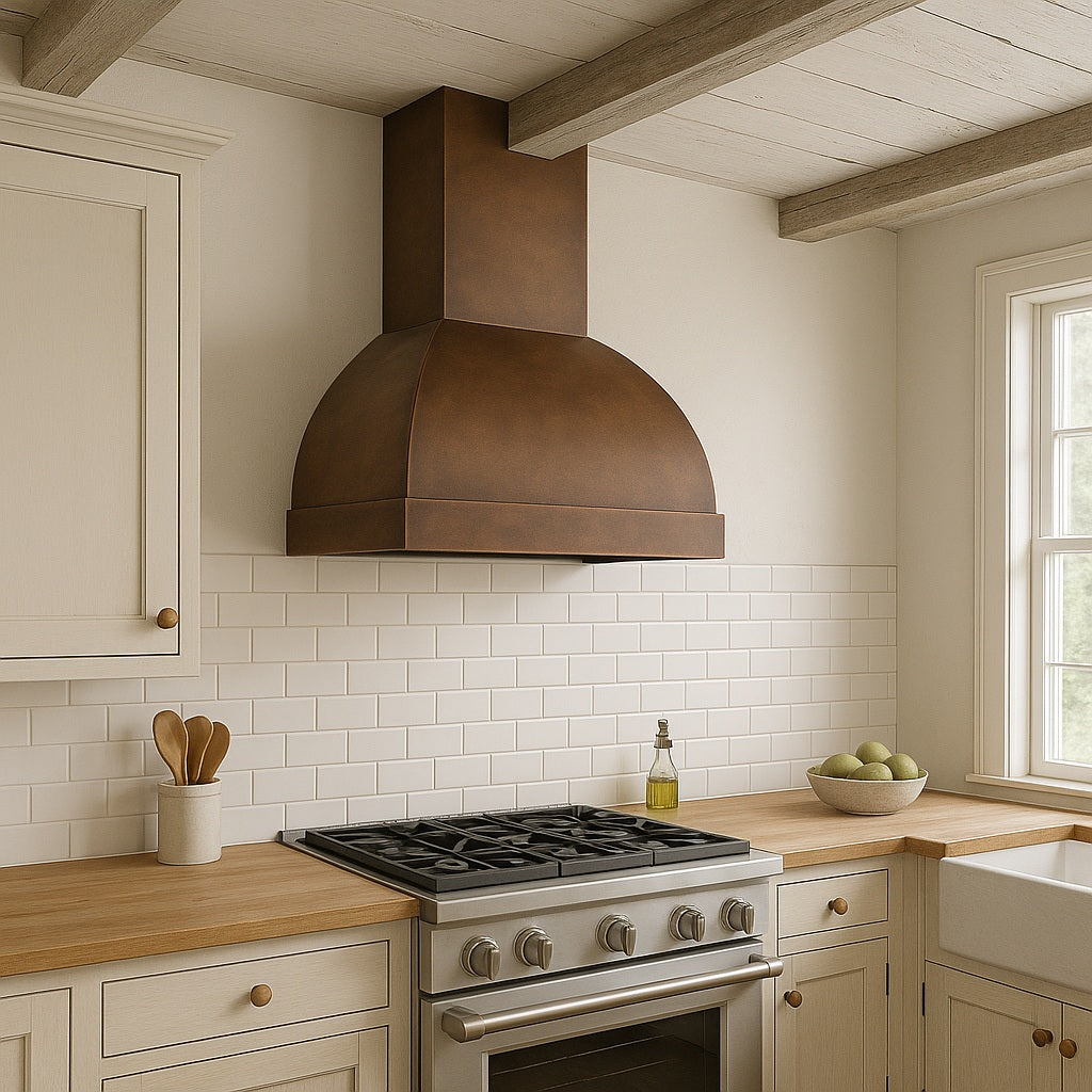 48-inch arched dome copper range hood with a rectangular chimney design