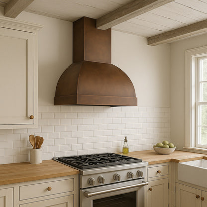 48-inch arched dome copper range hood with a rectangular chimney design