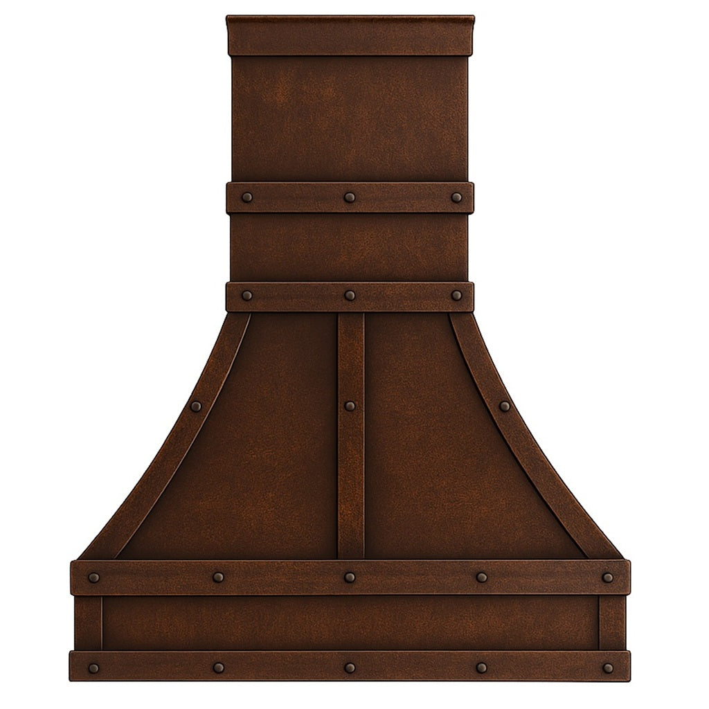 industrial arched dome copper range hood with a rectangular chimney, front view