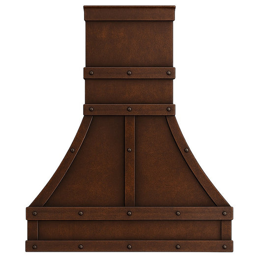 industrial arched dome copper range hood with a rectangular chimney, front view