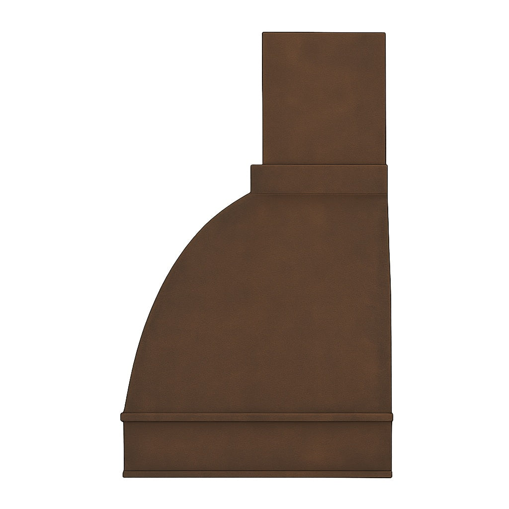Arched dome copper range hood with a rectangular chimney design profile