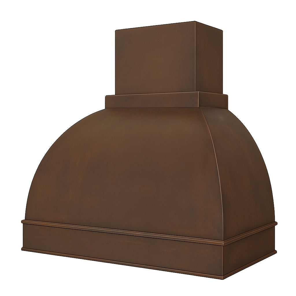 Arched dome copper range hood with a rectangular chimney design side view
