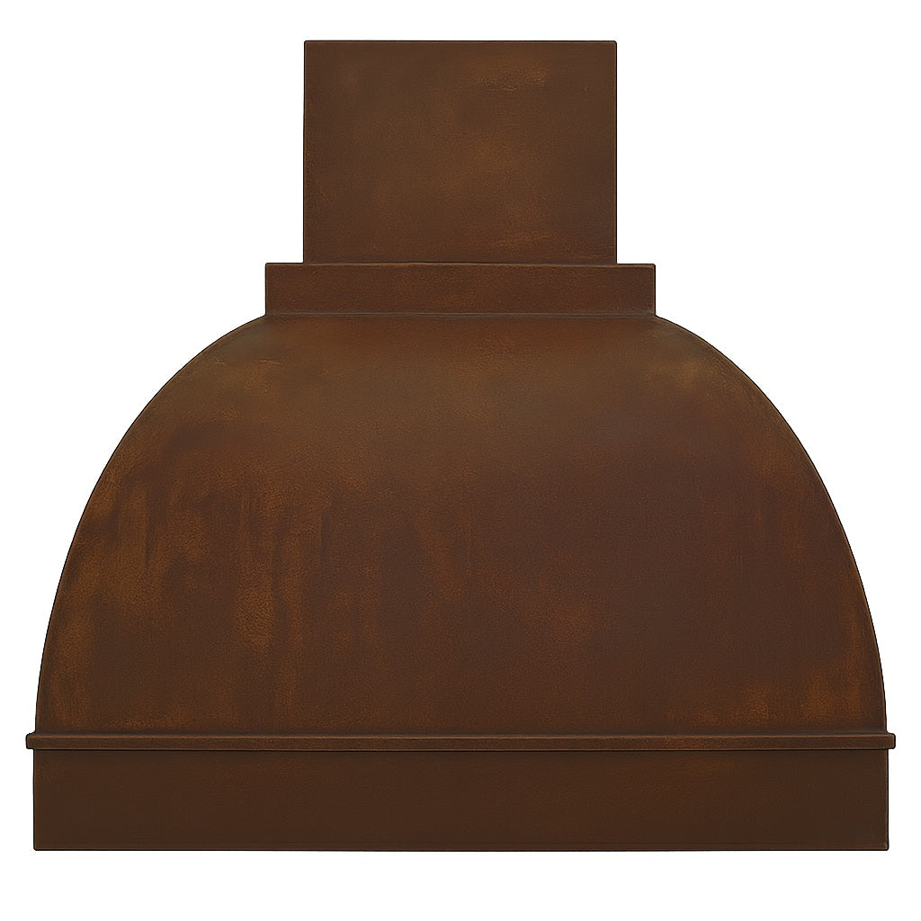Arched dome copper range hood with a rectangular chimney design blending sculptural beauty with artisan craftsmanship