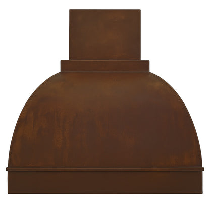 Arched dome copper range hood with a rectangular chimney design blending sculptural beauty with artisan craftsmanship