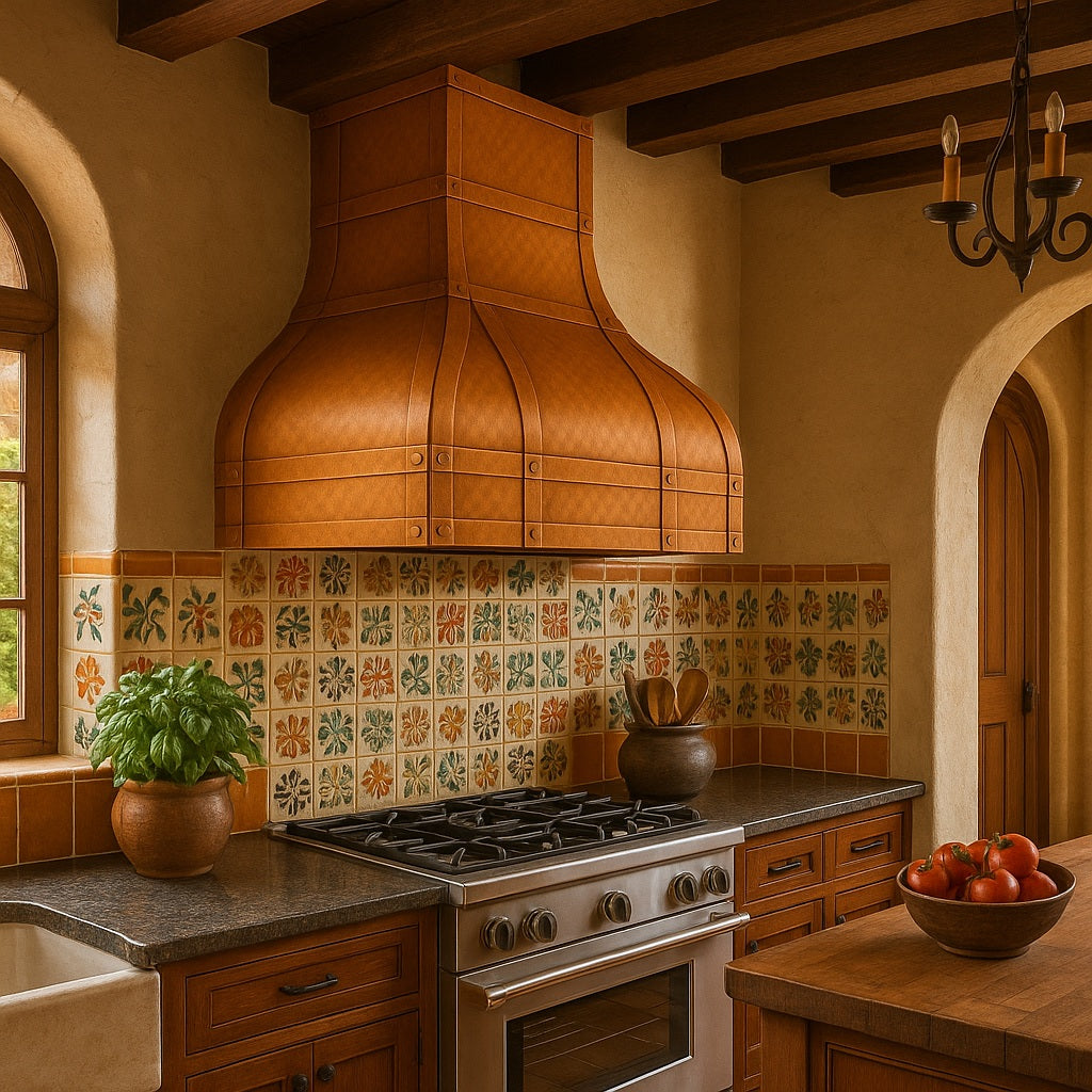 Spanish revival style kitchen with 36-inch arched hammered copper range hood with riveted strap detailing