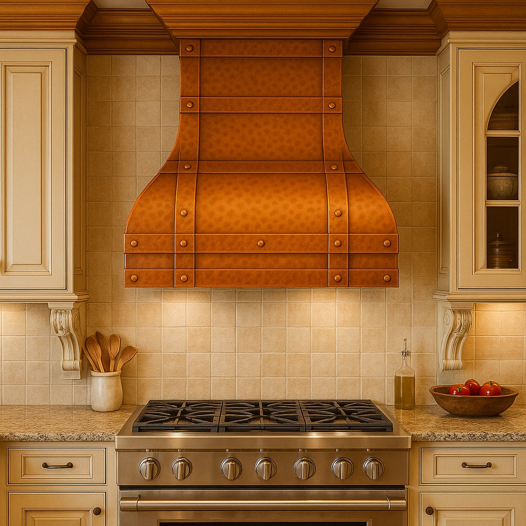Traditional kitchen with 30-inch arched hammered copper range hood with riveted strap detailing