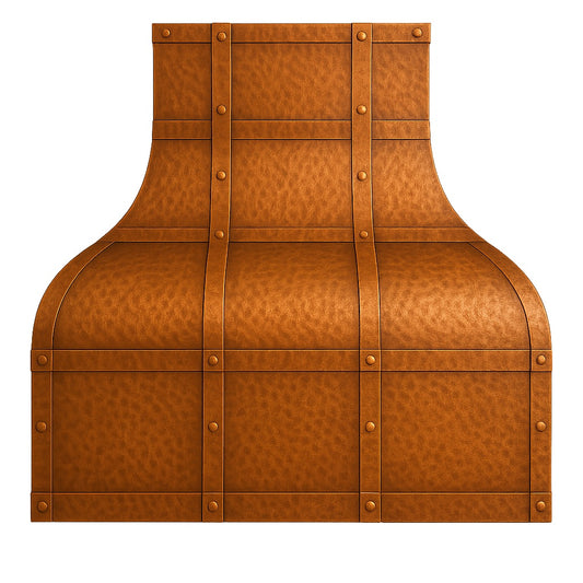 Arched hammered copper range hood with riveted strap detailing