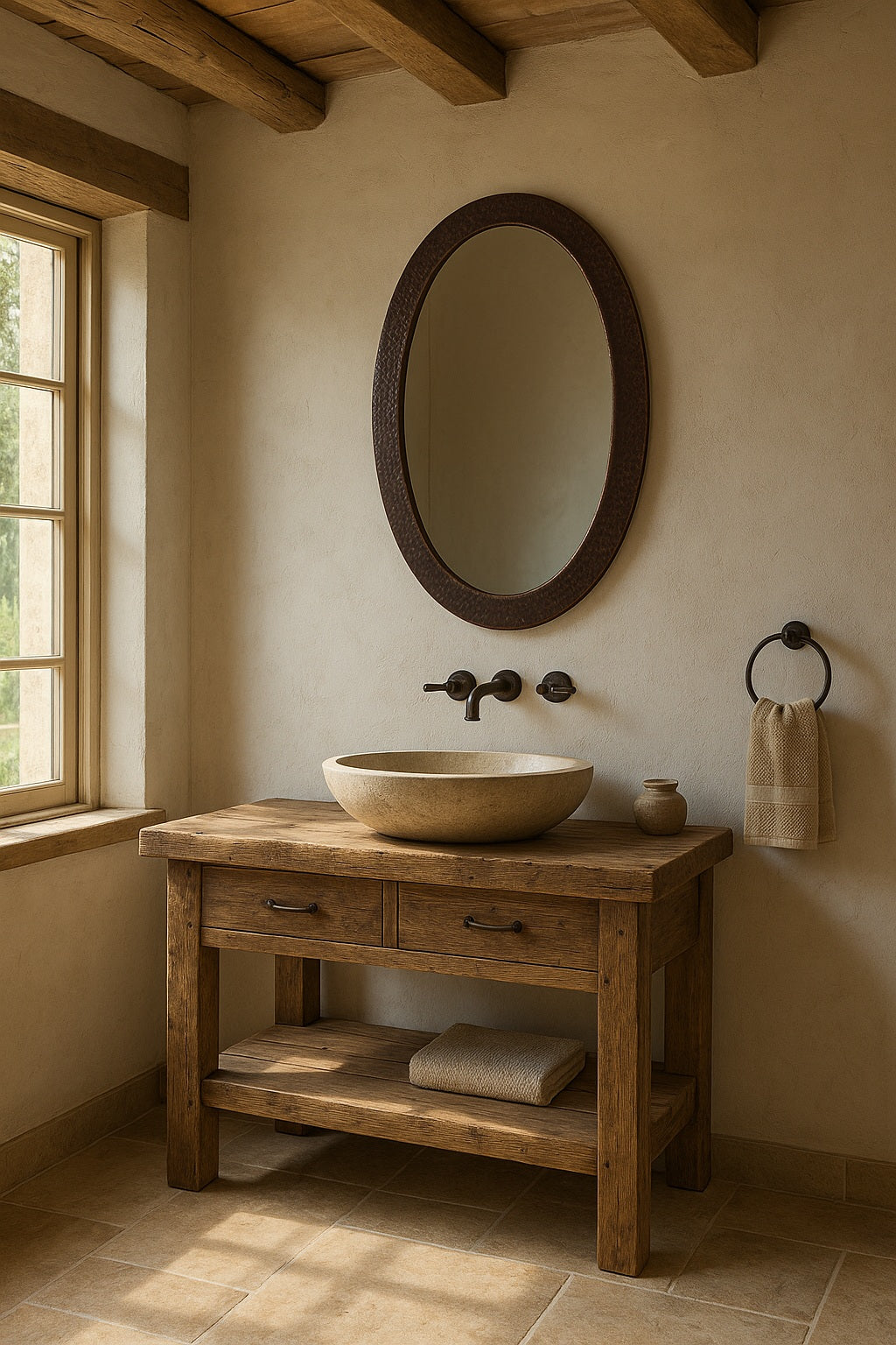 Custom oval copper mirror in a rustic style bathroom