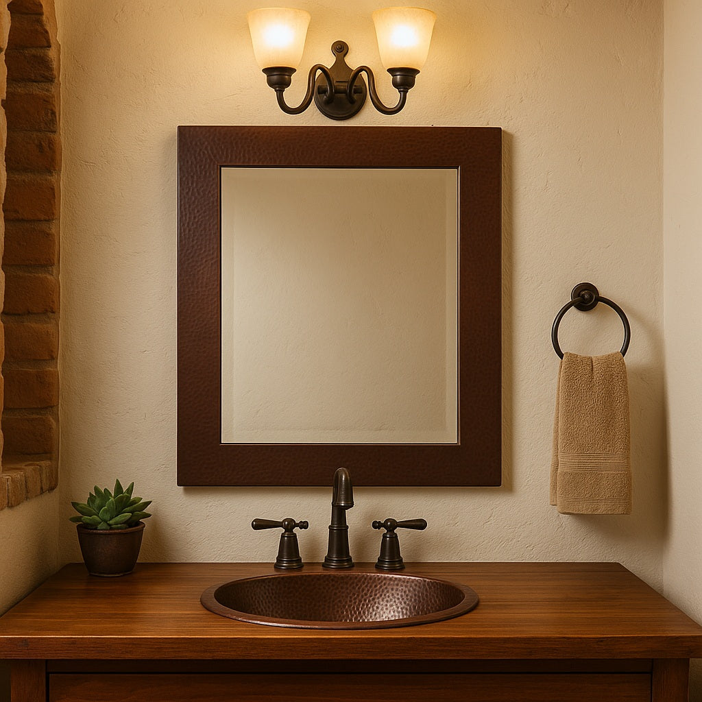 Bathroom with a custom hand-hammered rectangular copper mirror