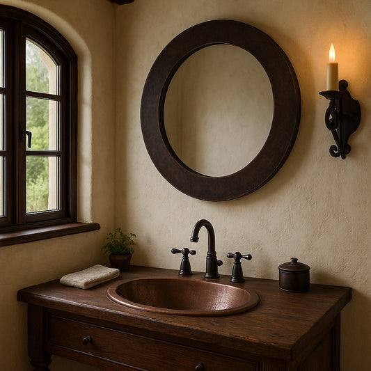 Bathroom with a custom hand-hammered round copper mirror