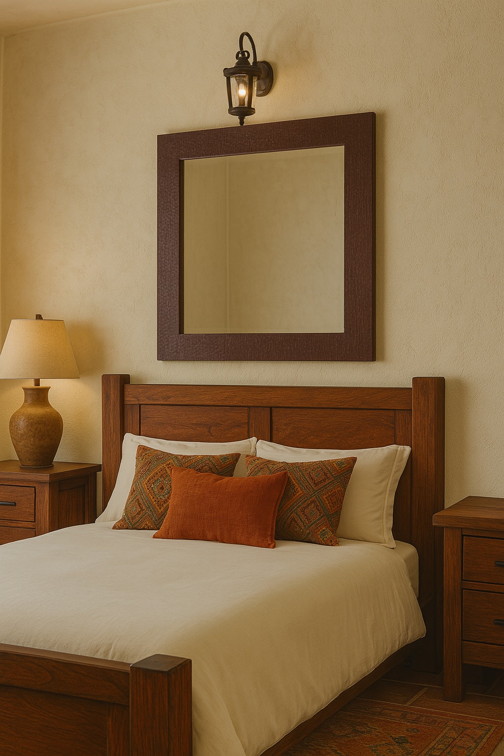 Bedroom with a custom hand-hammered rectangular copper mirror
