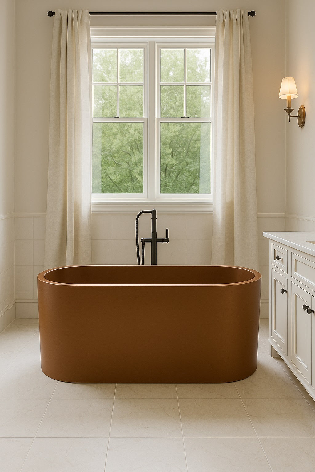 Freestanding rectangular double-wall copper bathtub in a transitional bathroom