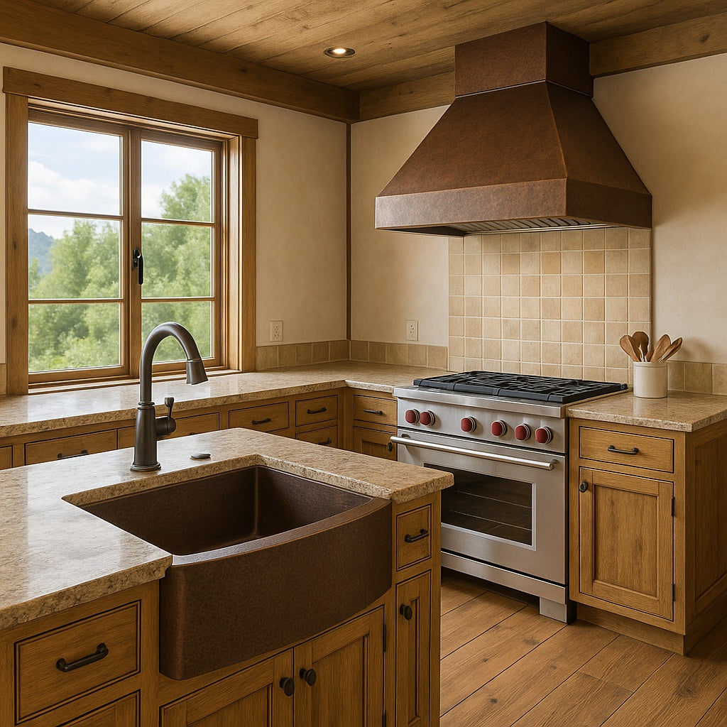 28-inch custom round apron front single bowl copper kitchen sink in a rustic kitchen