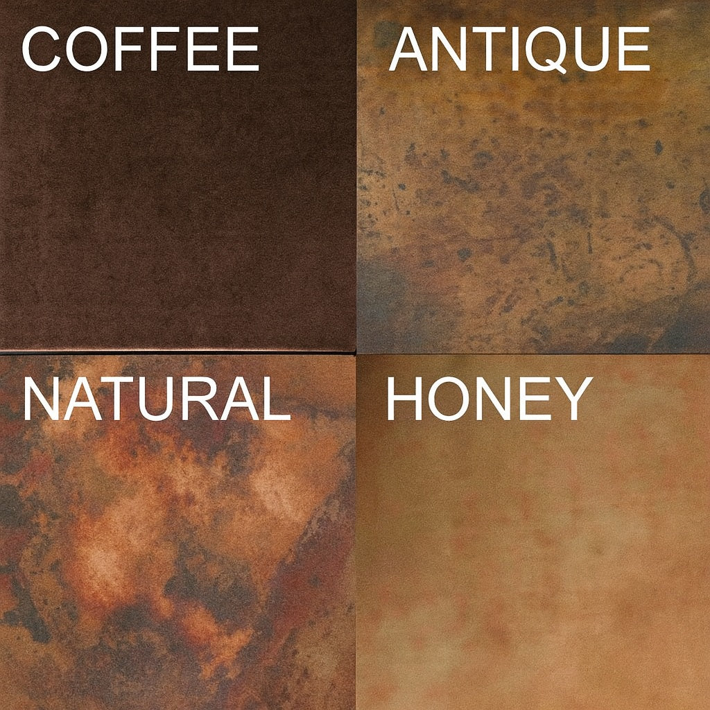 Patina finish options available for a custom made apron front double bowl copper kitchen sink