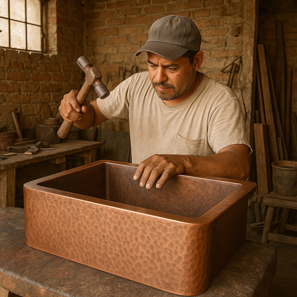 Production of a custom made apron front single bowl copper kitchen sink 