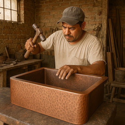 Production of a custom made apron front single bowl copper kitchen sink 