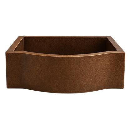 Front view of custom curved apron front single bowl copper prep sink