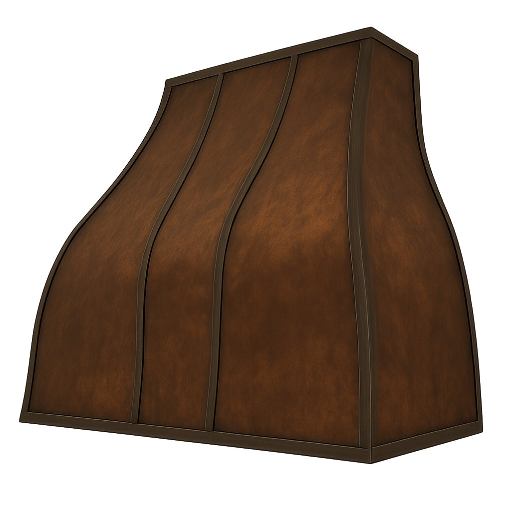 Curved copper range hood with dark trim accents seen from its angle